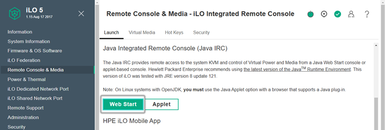 Gehen Sie zu Remote Console und klicken Sie auf Web Start